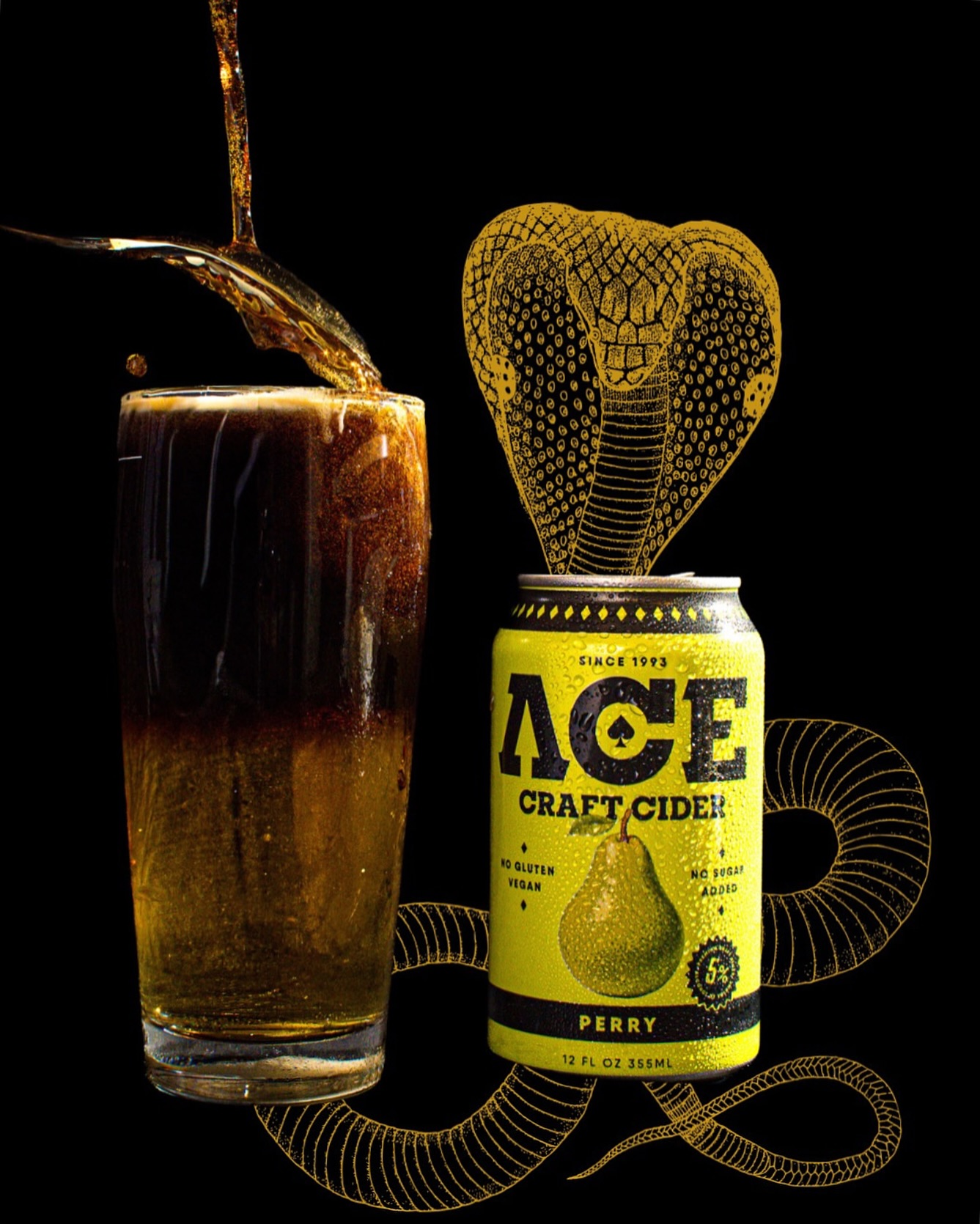 A snakebite beer cocktail made with Ace Pear cider, and a graphic of a snake