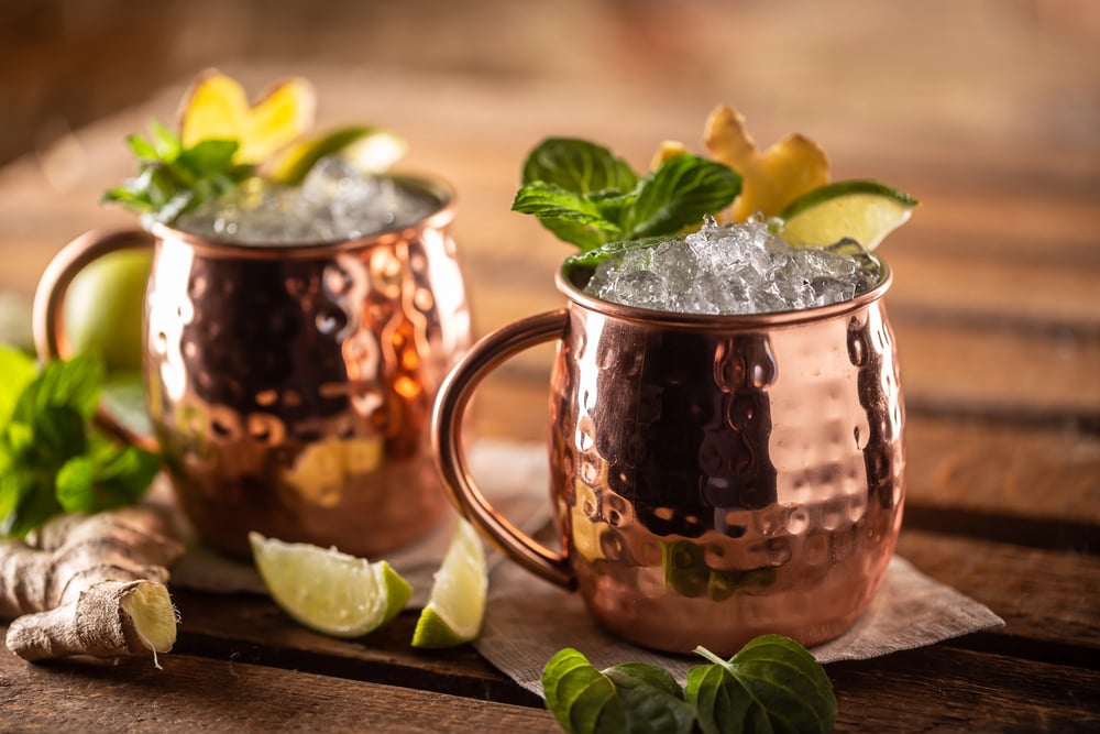 Virgin Mule in a copper mug with vodka, spicy giner and mint