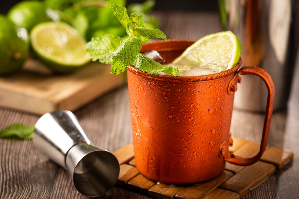 top close-up shot of vodka mule in a copper mug