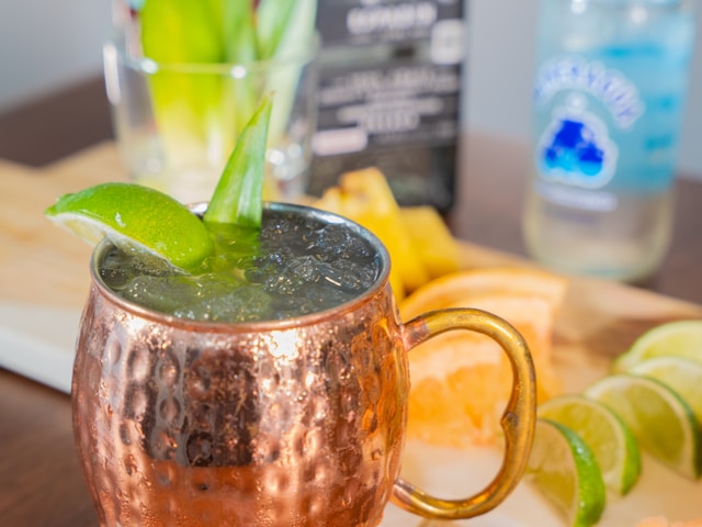 top close-up shot of vodka mule in a copper mug