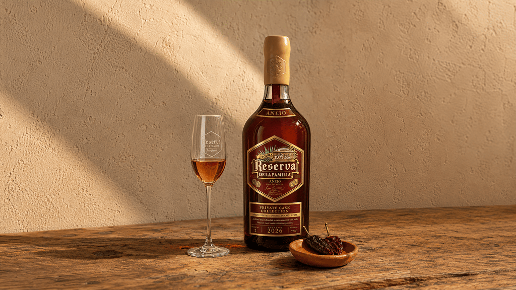 A bottle of Reserva de la Familia Tequila