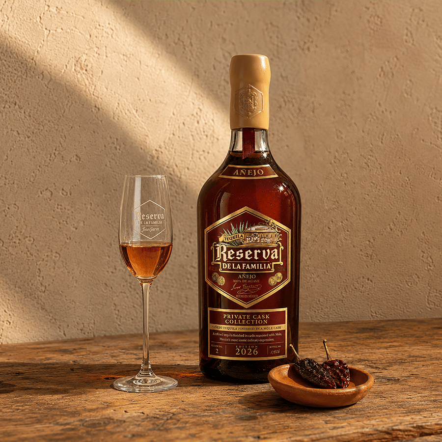 A bottle of Reserva de la Familia Tequila