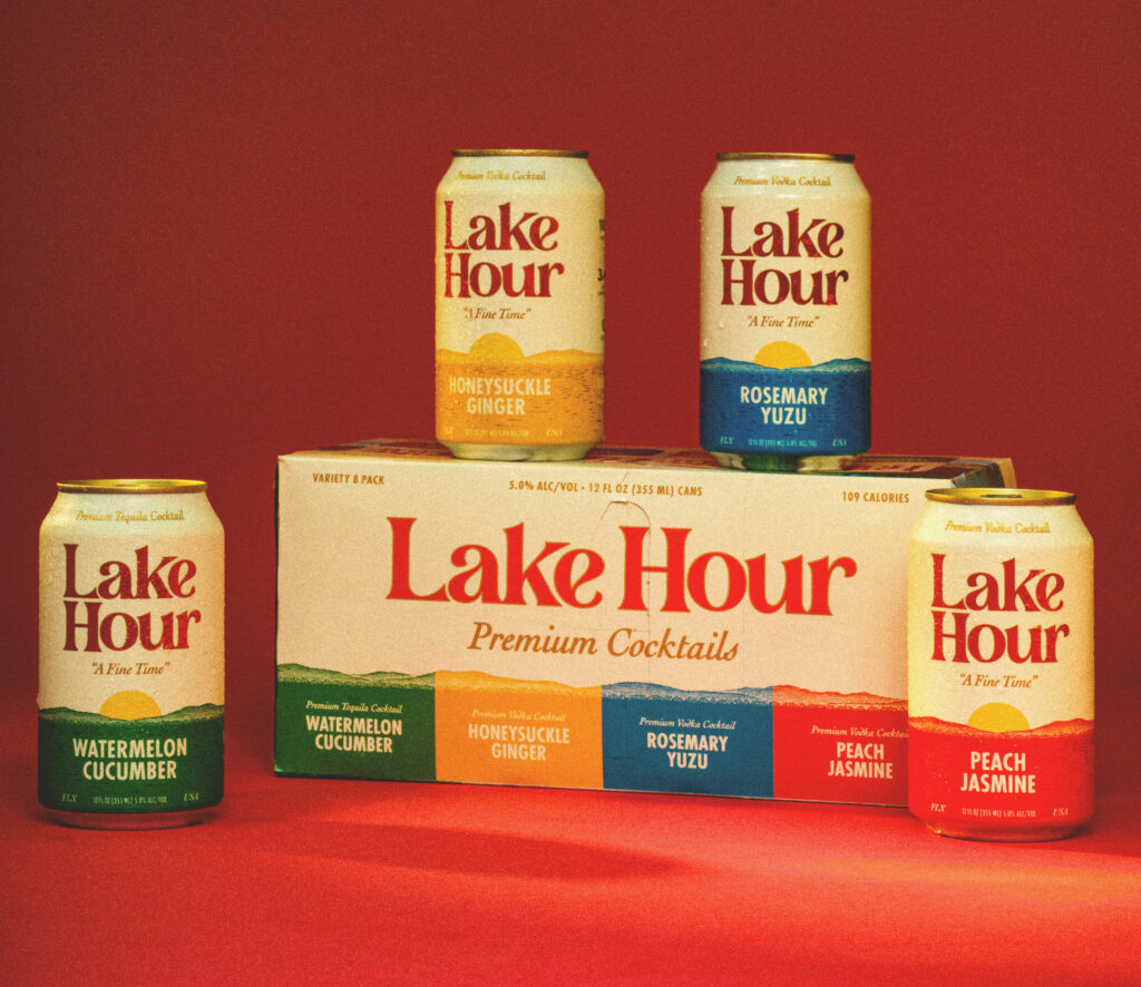 Lake Hour RTD cocktails cans and a box